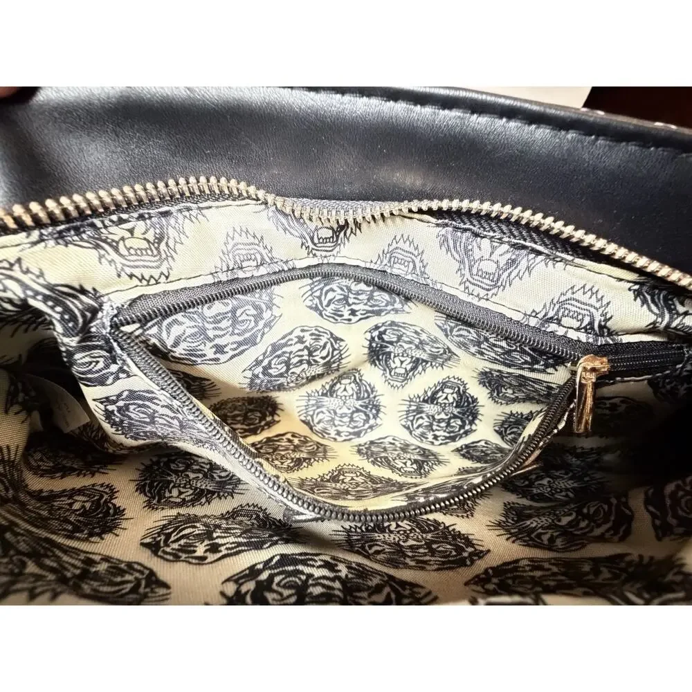 Ed Hardy Black Striking Tiger Tattoo Art With Rhinestones Shoulder Bag w/Charms